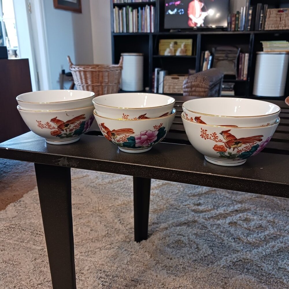 Set of 6 Six Vintage Chinese Porcelain Bowls Mid Century Handpainted Signed